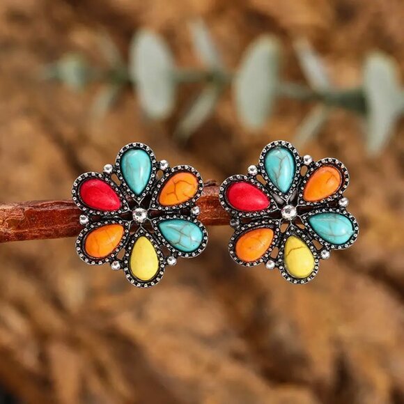 #40 Flower Shaped Colorful Turquoise Earrings, Bohemian Boho Style - Picture 1 of 2